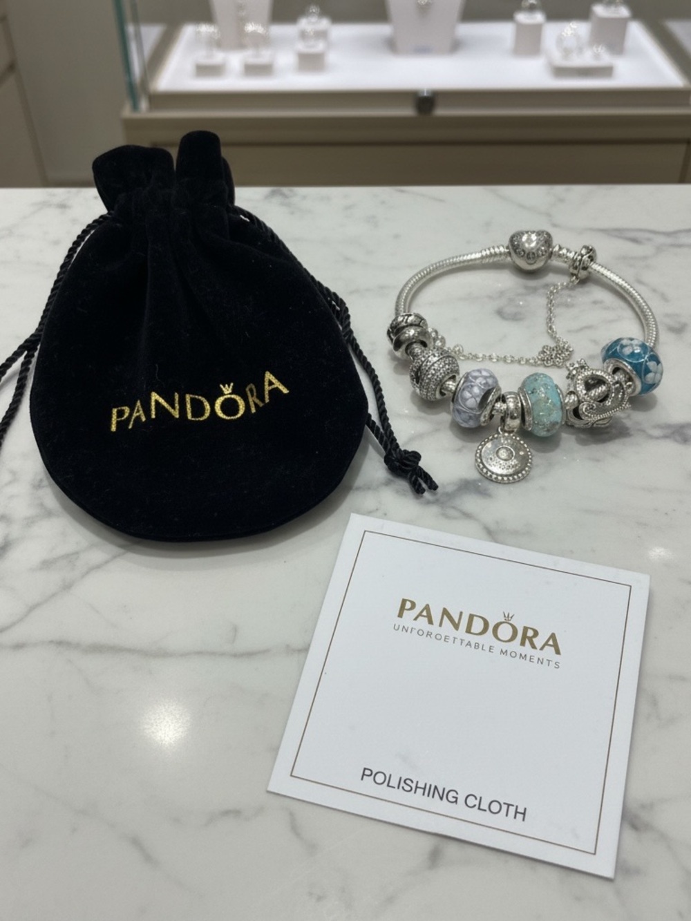 Pandora Silver Bracelet with Blue and Aqua Glass Charms